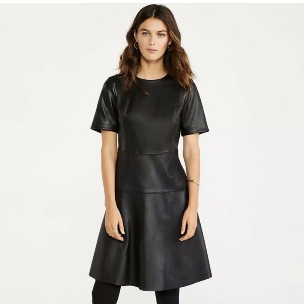 Ann Taylor Black Short-Sleeve Faux Leather A-Line Fit Flare Dress